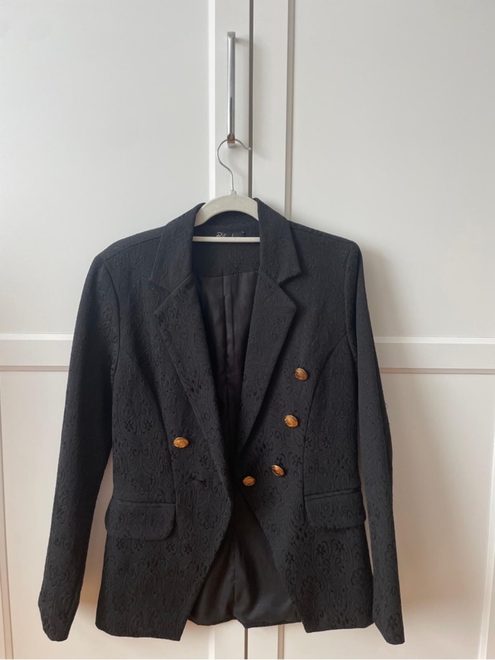 Textured Black Double-Breasted Blazer with Gold Buttons